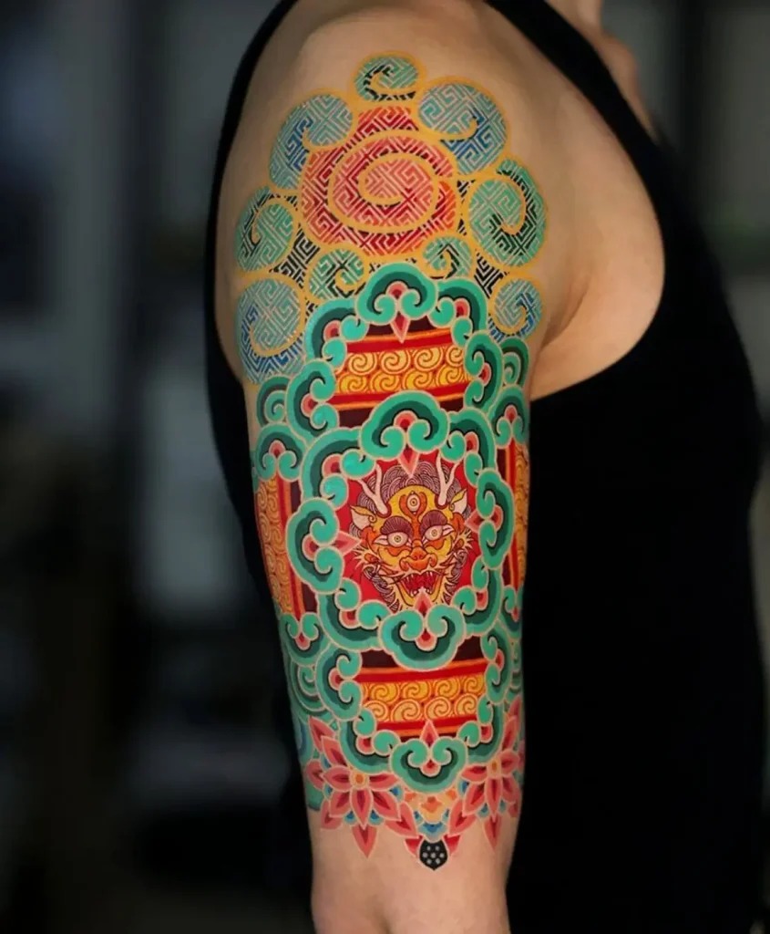 Geometric Patterns and Mythical Creatures: A Complex Sleeve Tattoo Design