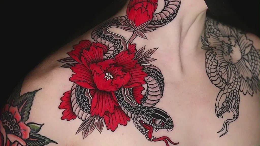 Vibrant Snake and Floral Design: A Bold Statement Tattoo Design