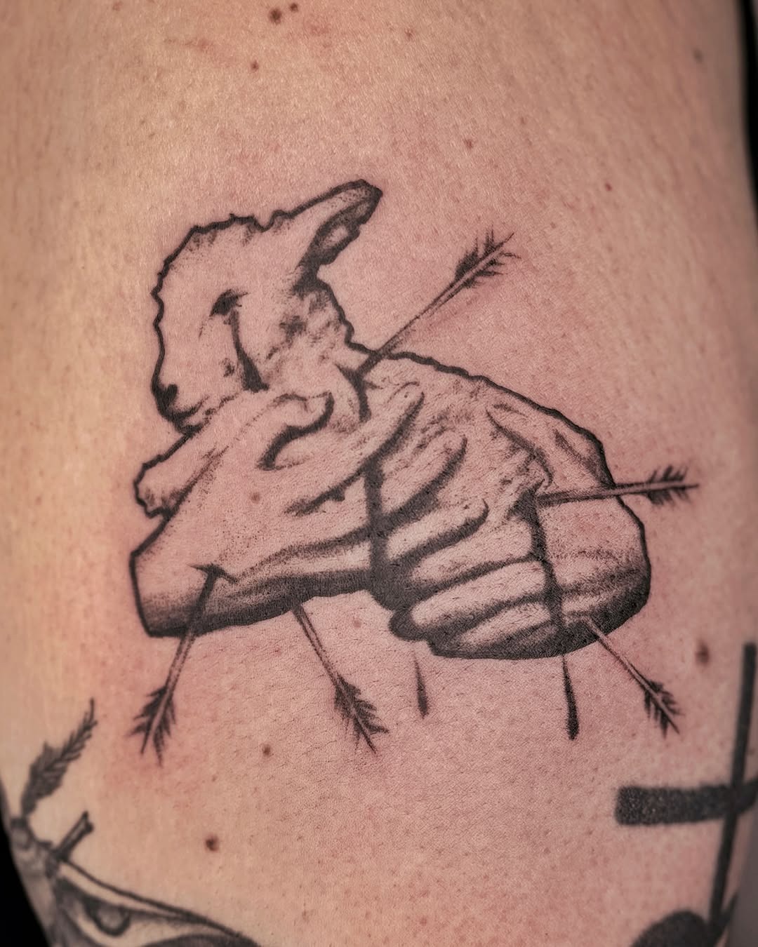 Intricate lamb tattoo with arrows piercing through Tattoo Design