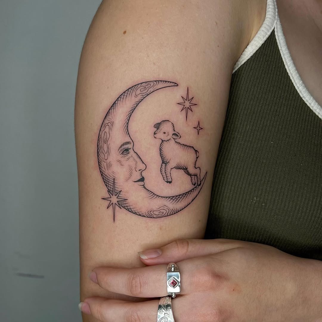 Lamb Under a Moonlit Charm Tattoo Design