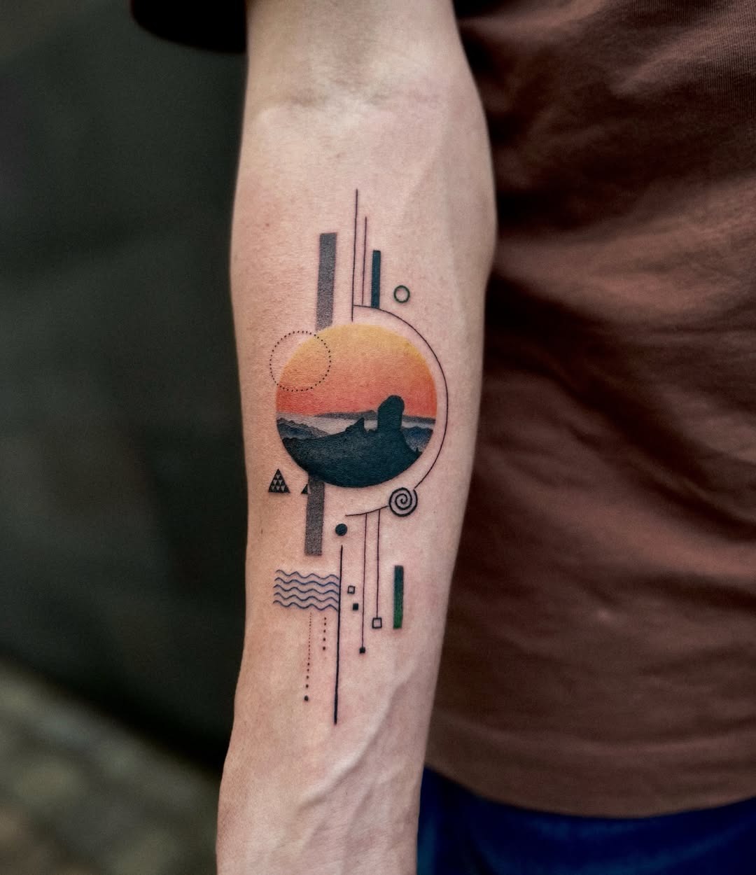 Captivating sunset landscape tattoo with geometric elements Tattoo Design