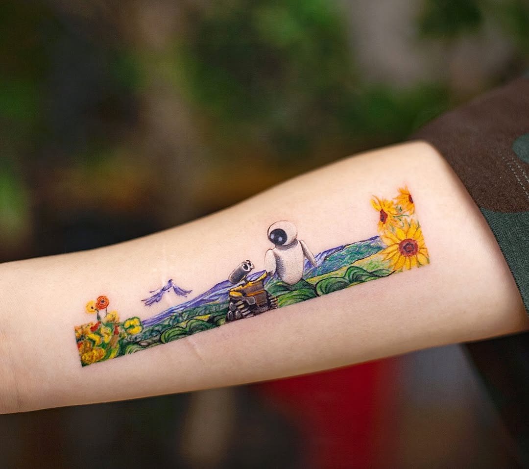 Charming landscape tattoo featuring iconic characters Tattoo Design