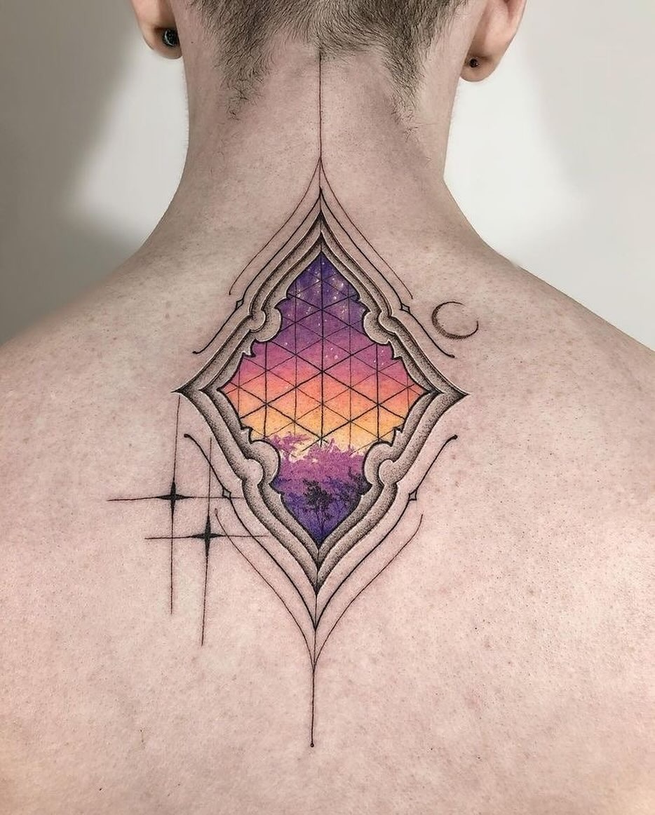Geometric landscape tattoo with vibrant colors Tattoo Design