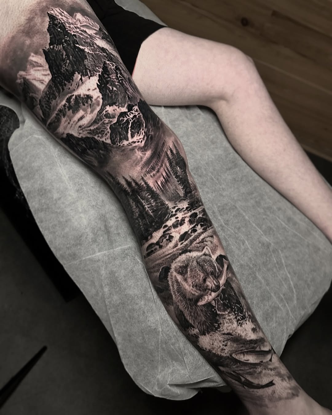 Majestic landscape with a fierce bear tattoo Tattoo Design