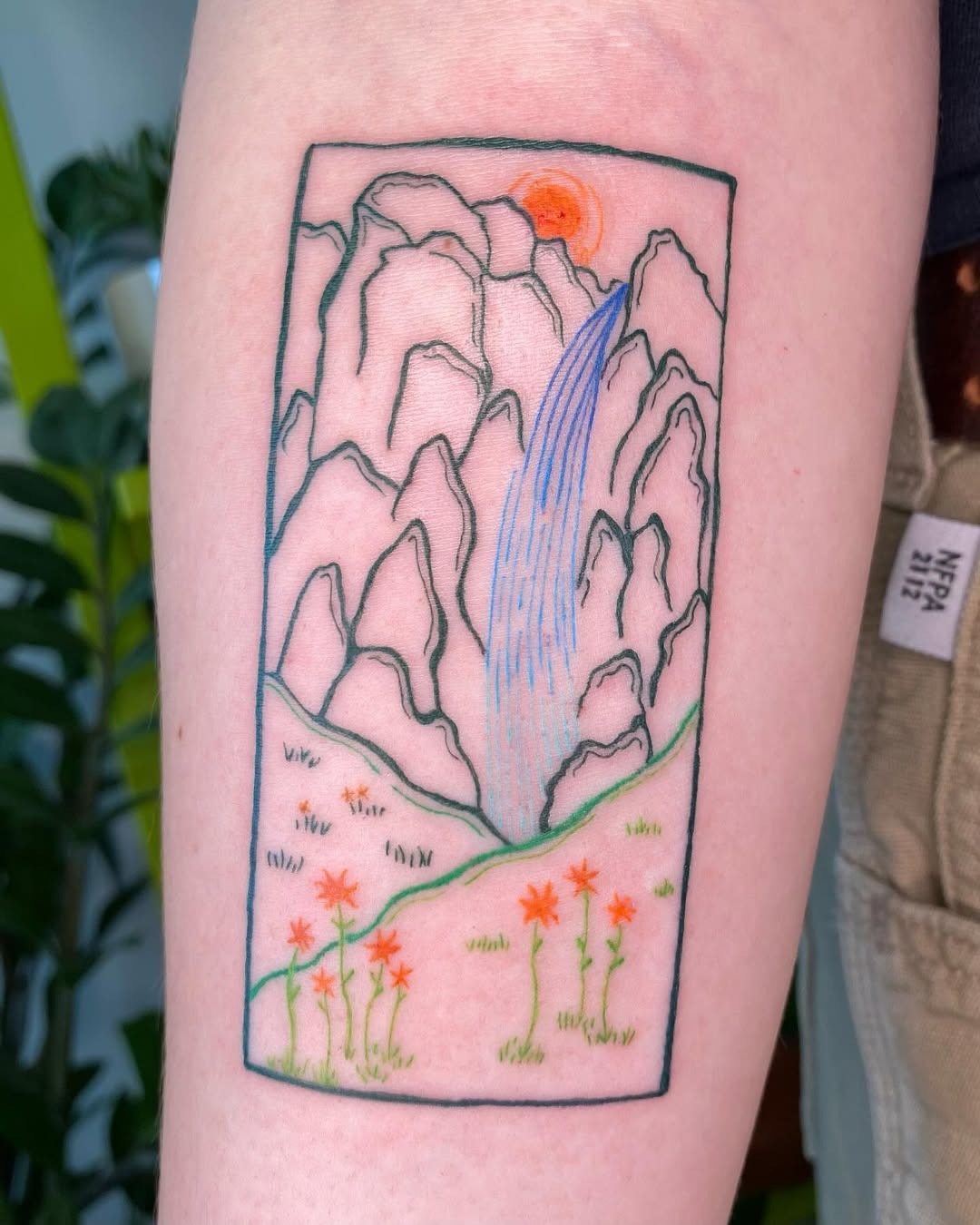 Nature-inspired mountain and waterfall tattoo design Tattoo Design