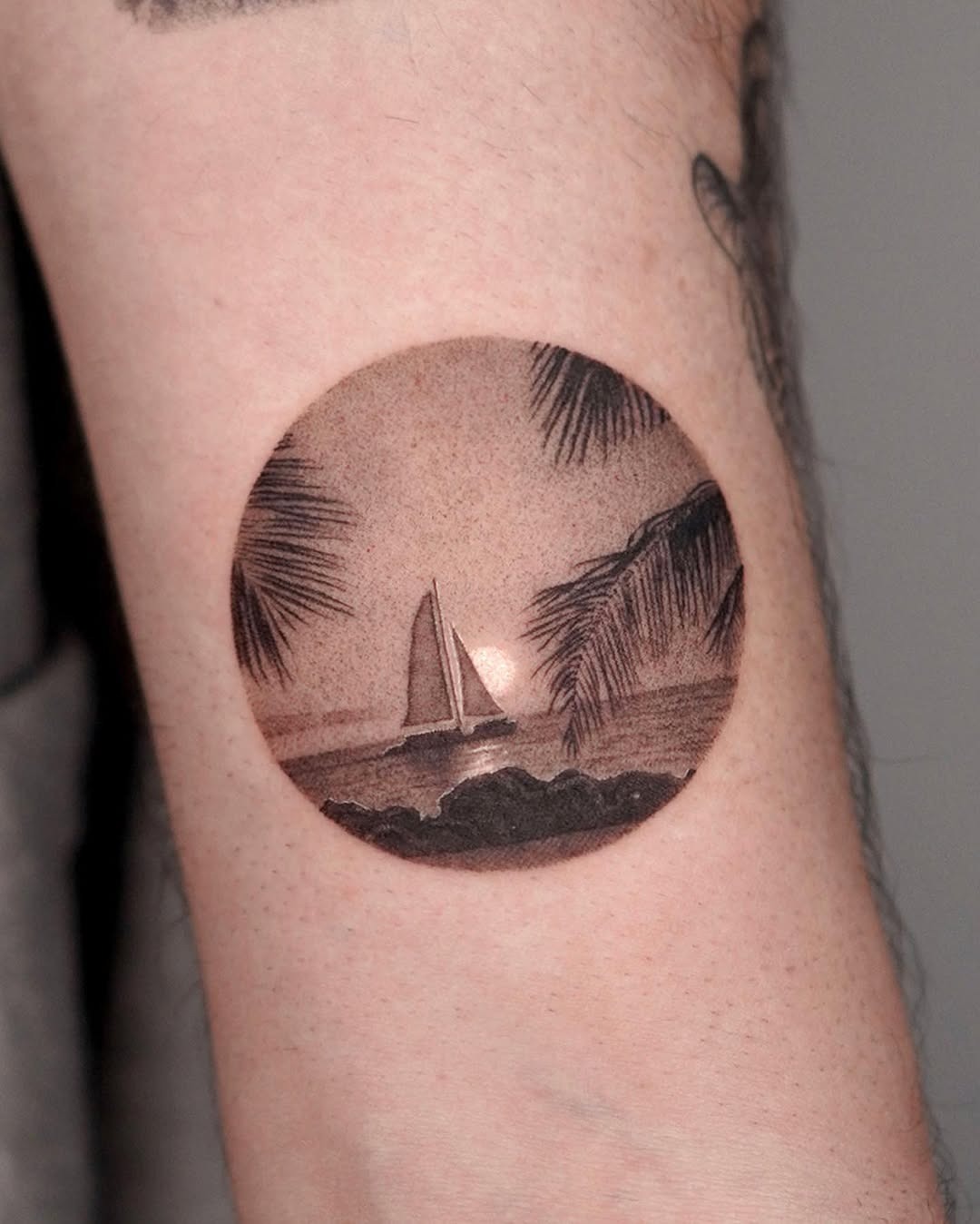 Sailing Away Into a Warm Sunset Scene Tattoo Design
