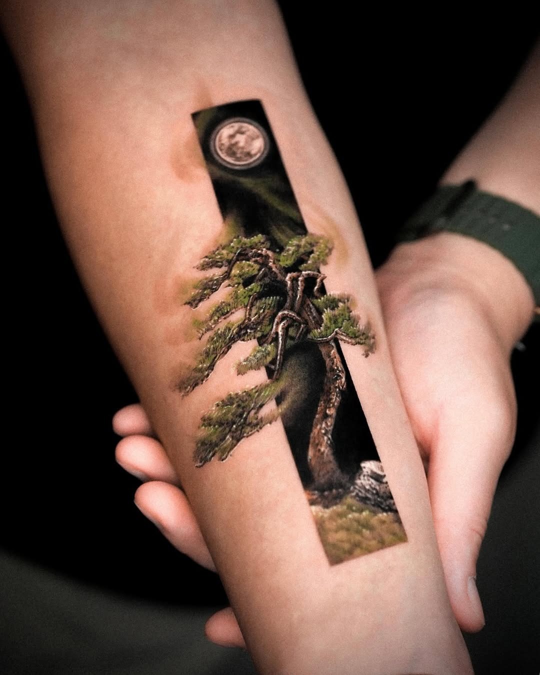 Stunning landscape tattoo of a tree and moon Tattoo Design