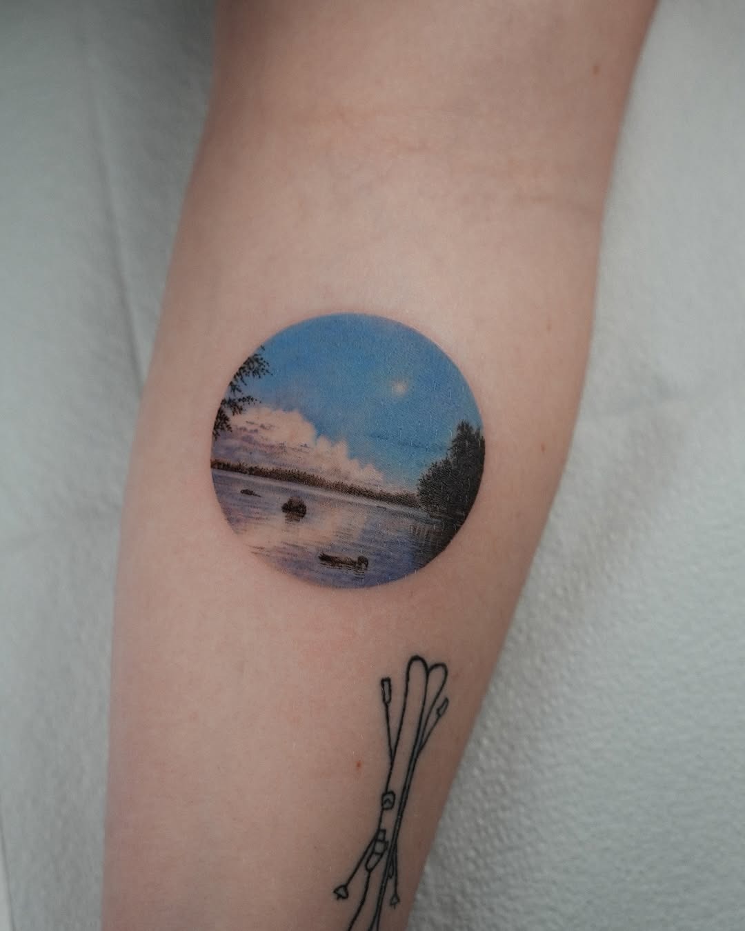 Stunning river landscape tattoo with moonlit sky Tattoo Design