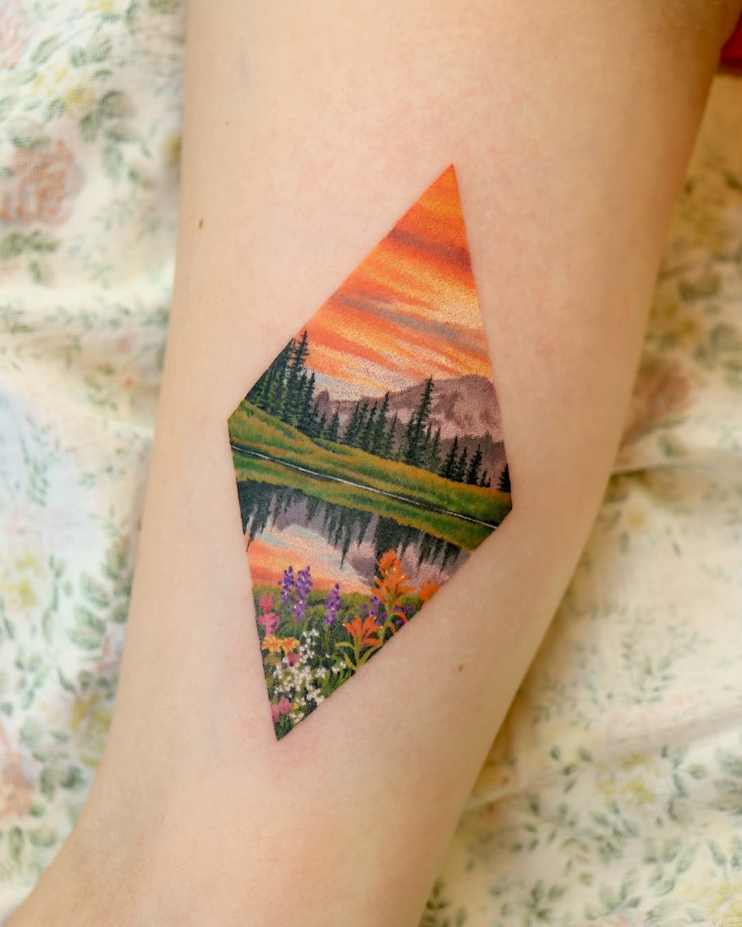 Vibrant Mountain Reflection Landscape Tattoo Tattoo Design