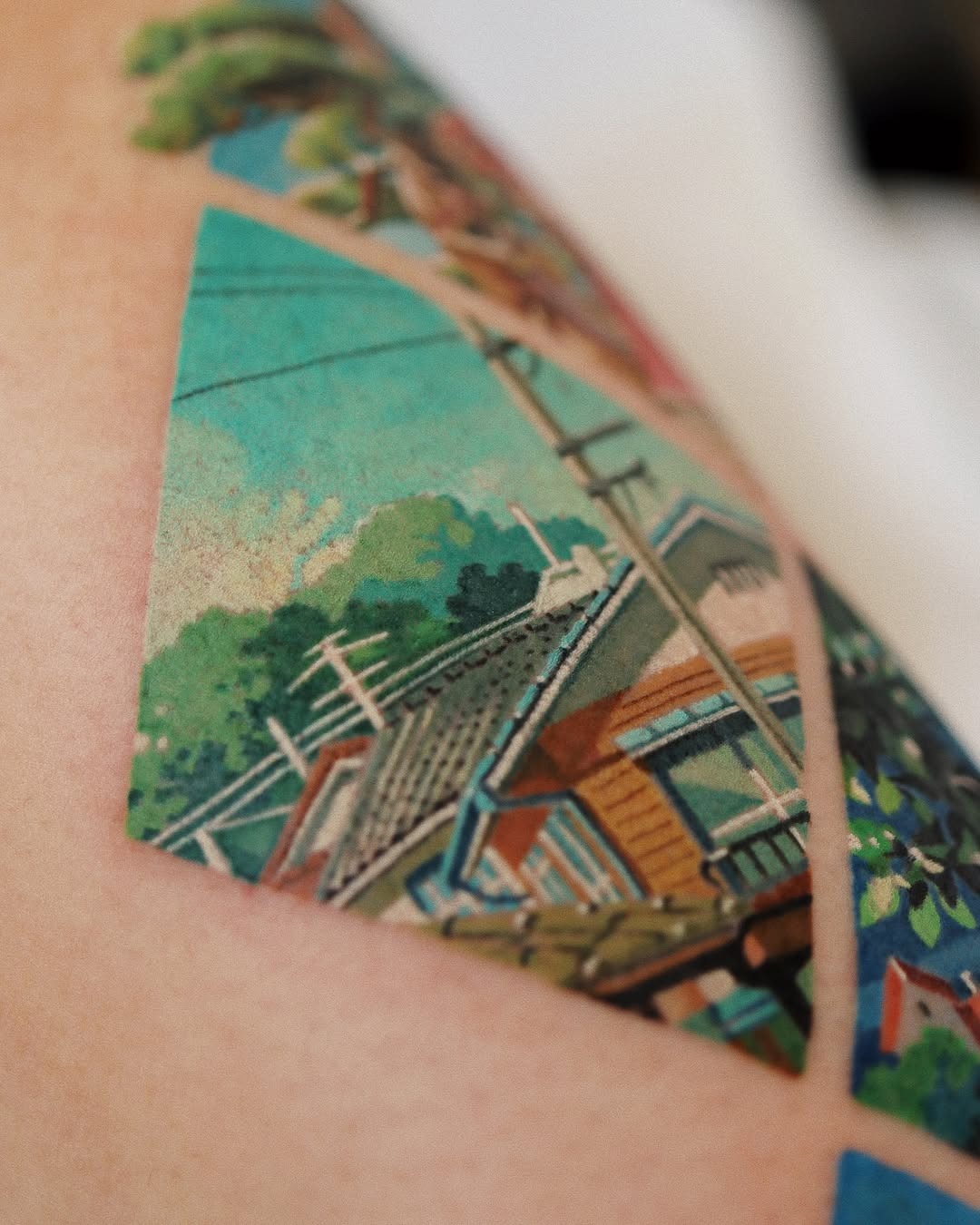 Vibrant neighborhood scene in stunning tattoo artistry Tattoo Design
