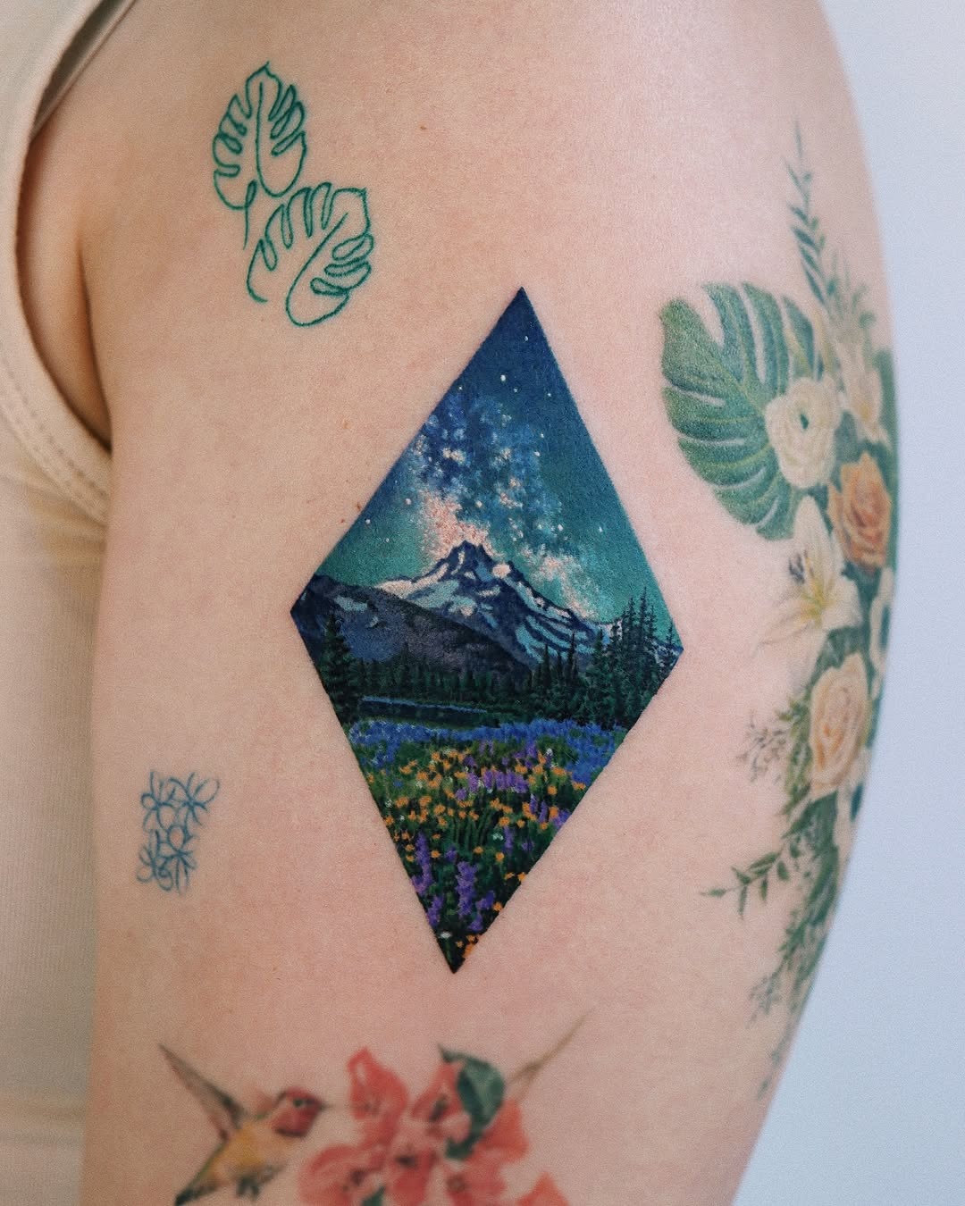 Vivid Landscape Tattoo with Night Sky and Flowers Tattoo Design