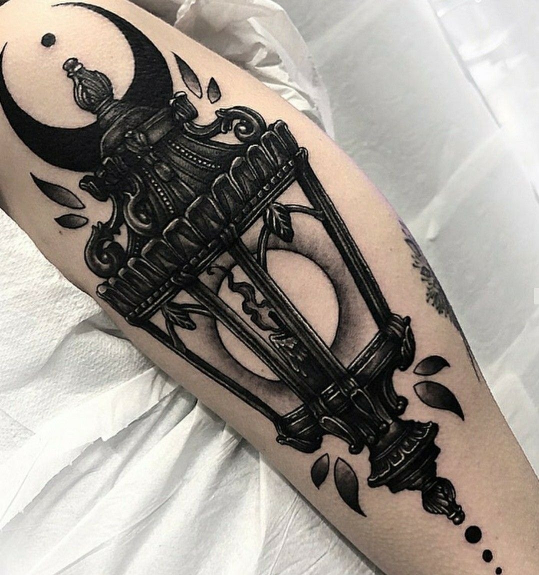 Bold Black Gothic Lantern with Crescent Moon Tattoo Design