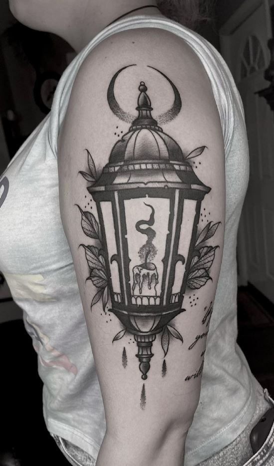 Crescent Moon Lantern in Soft Blackwork Tattoo Design