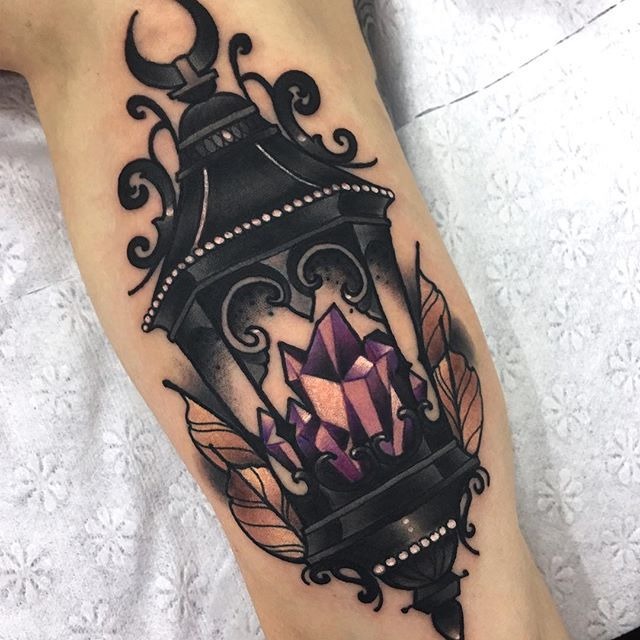 Crystal Lantern with Neo-Traditional Flair Tattoo Design