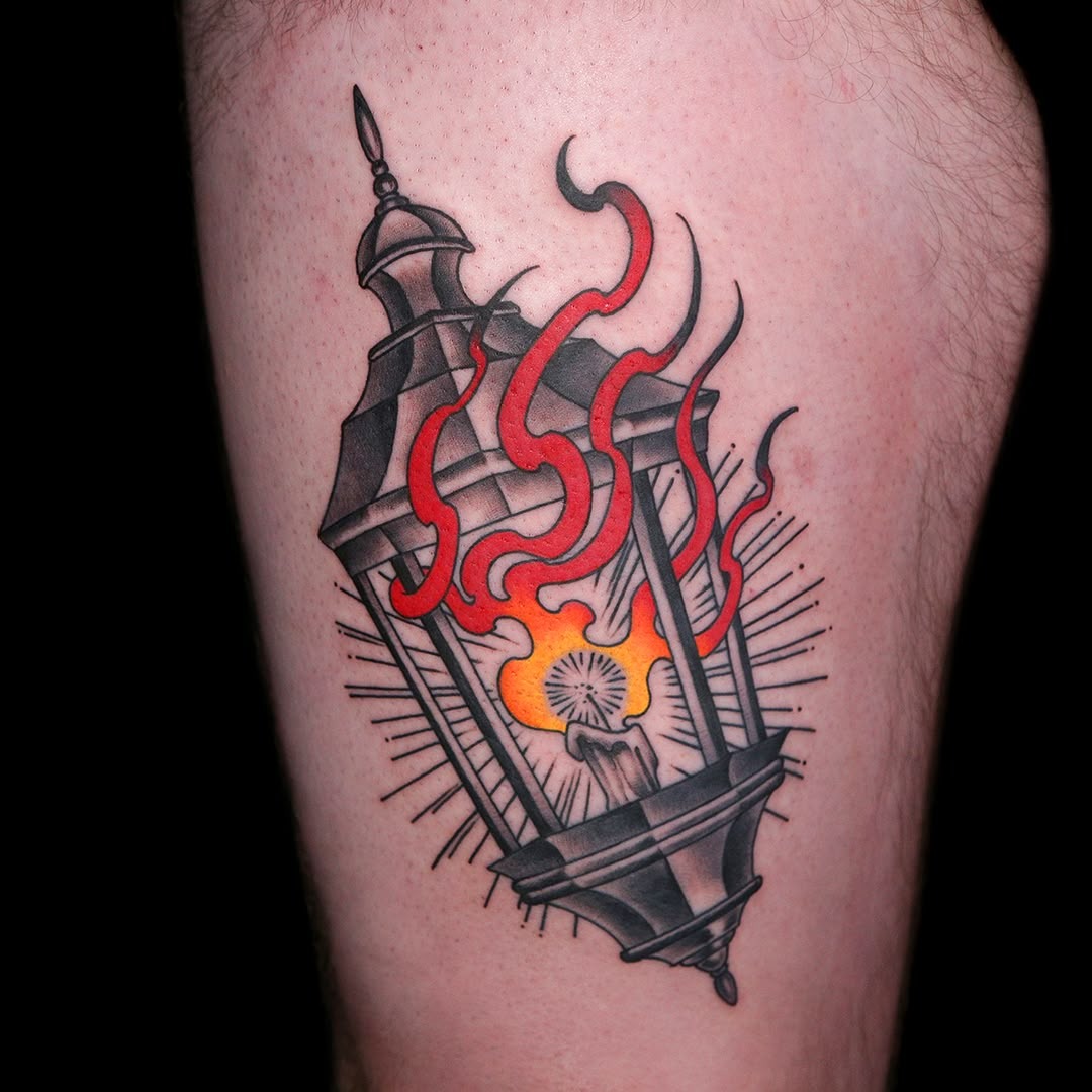 Flaming Traditional Lantern with Bold Red Smoke Tattoo Design