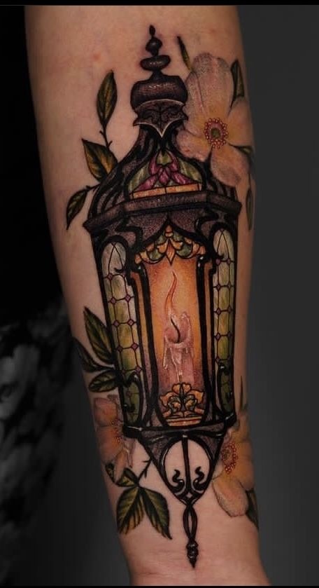 Floral Neo-Traditional Lantern Tattoo Design