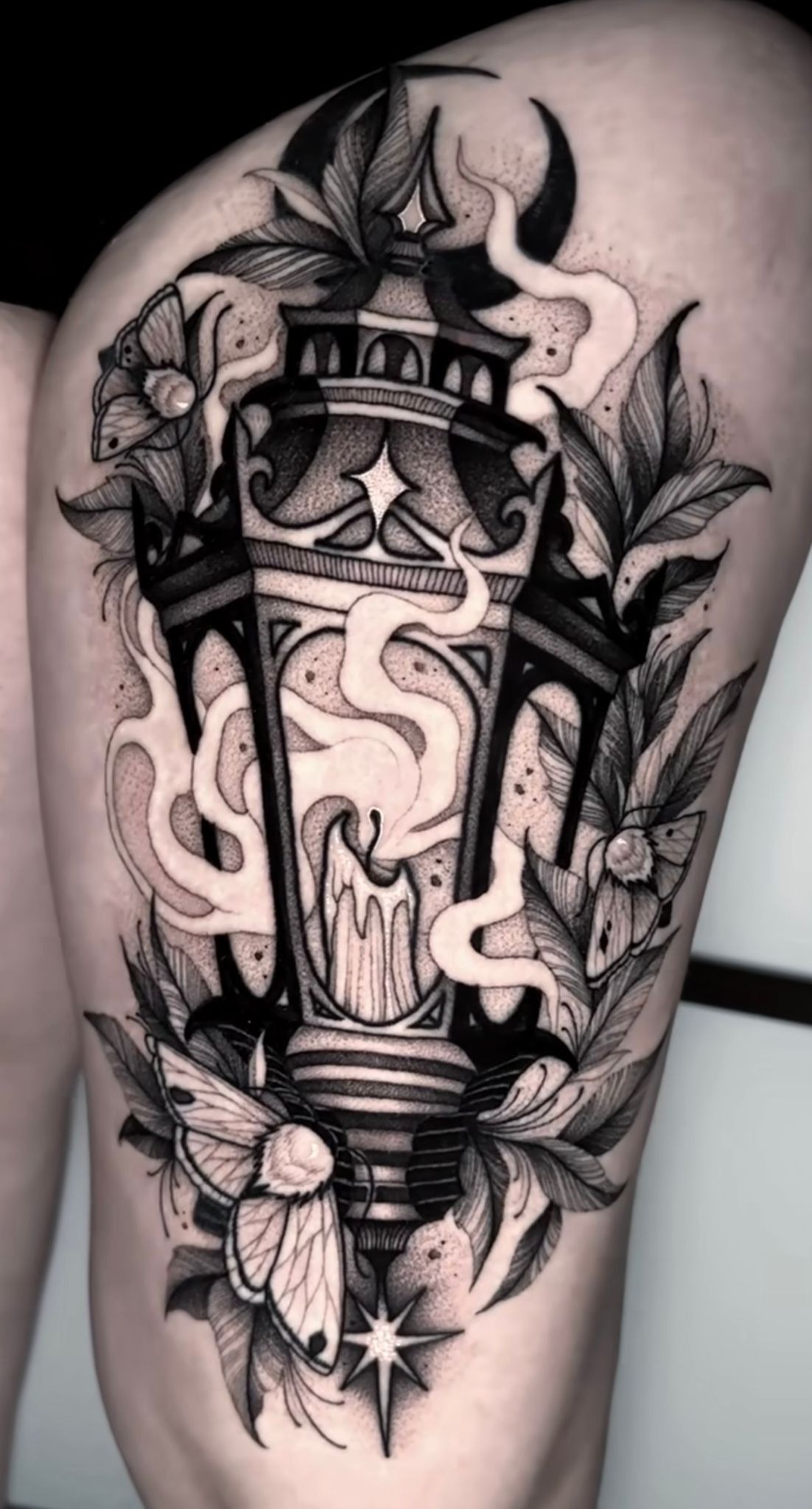 Gothic Lantern with Moths and Crescent Moons Tattoo Design