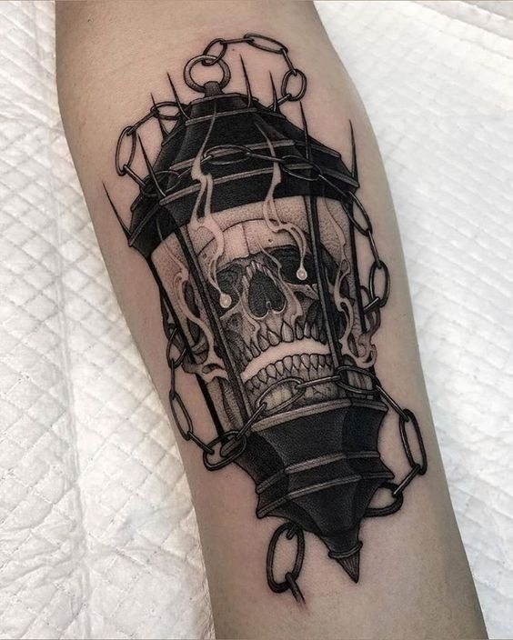 Gothic Skull Lantern with Hanging Chain Tattoo Design