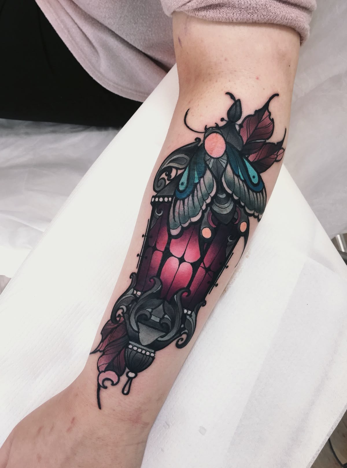 Neo-Traditional Moth and Stained Glass Lantern Tattoo Design