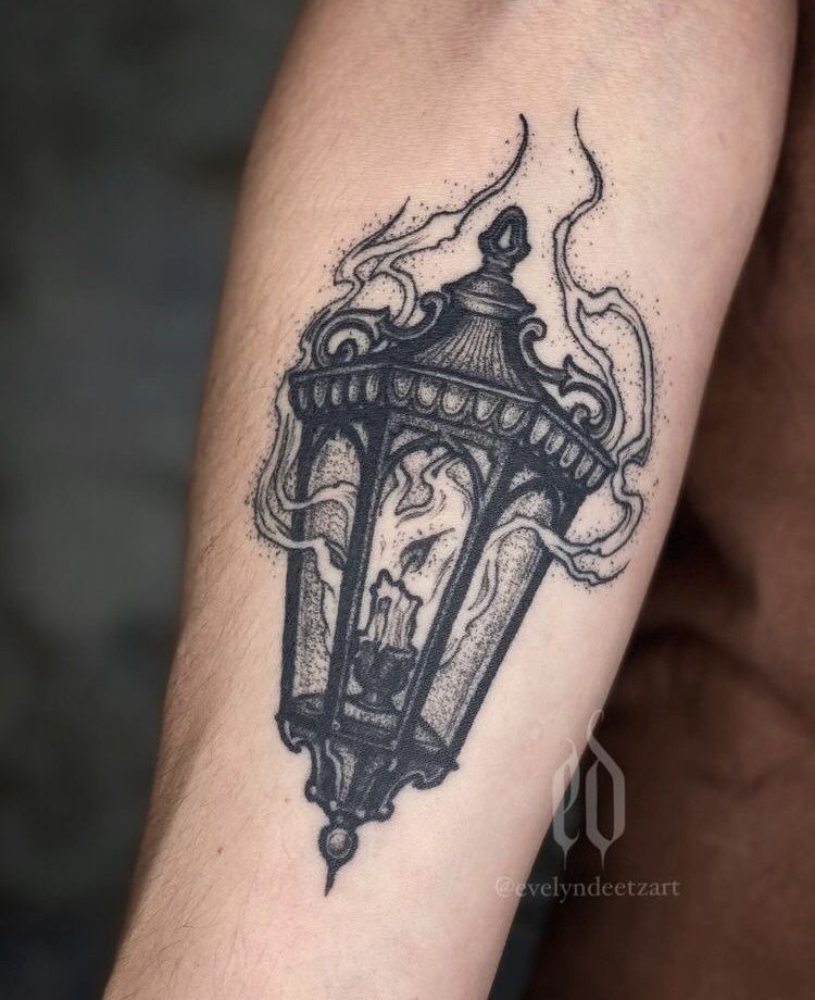 Smoky Vintage Lantern with Candle Glow Tattoo Design