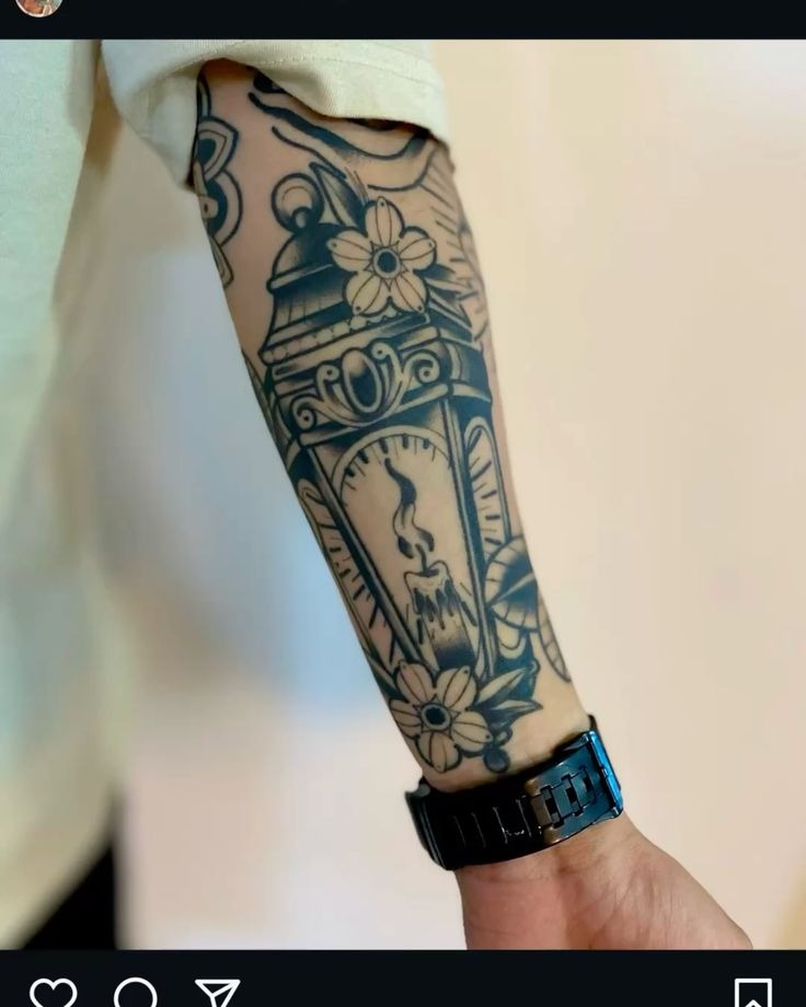 Vintage Blue Linework Lantern Tattoo Design
