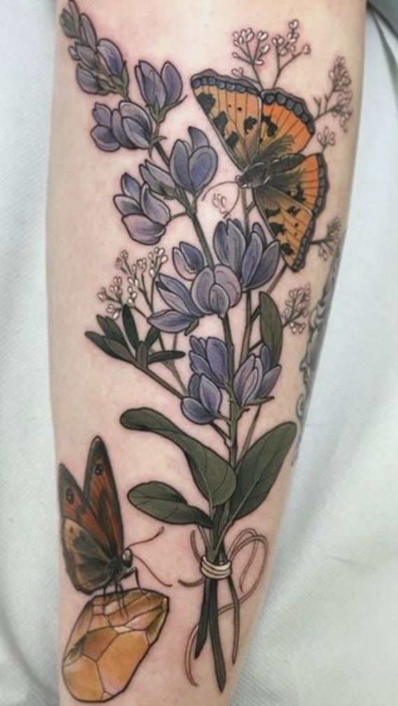 American traditional-inspired poppy and larkspur bouquet Tattoo Design