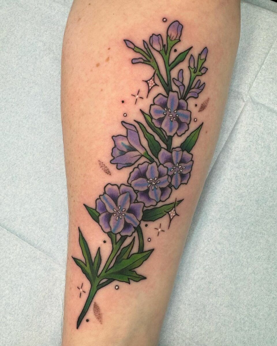 Blackwork botanical half sleeve with larkspur energy Tattoo Design