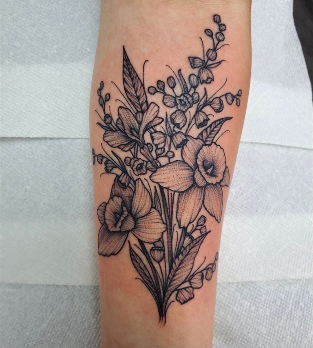 Blackwork bouquet mixing larkspur with a bold focal bloom Tattoo Design