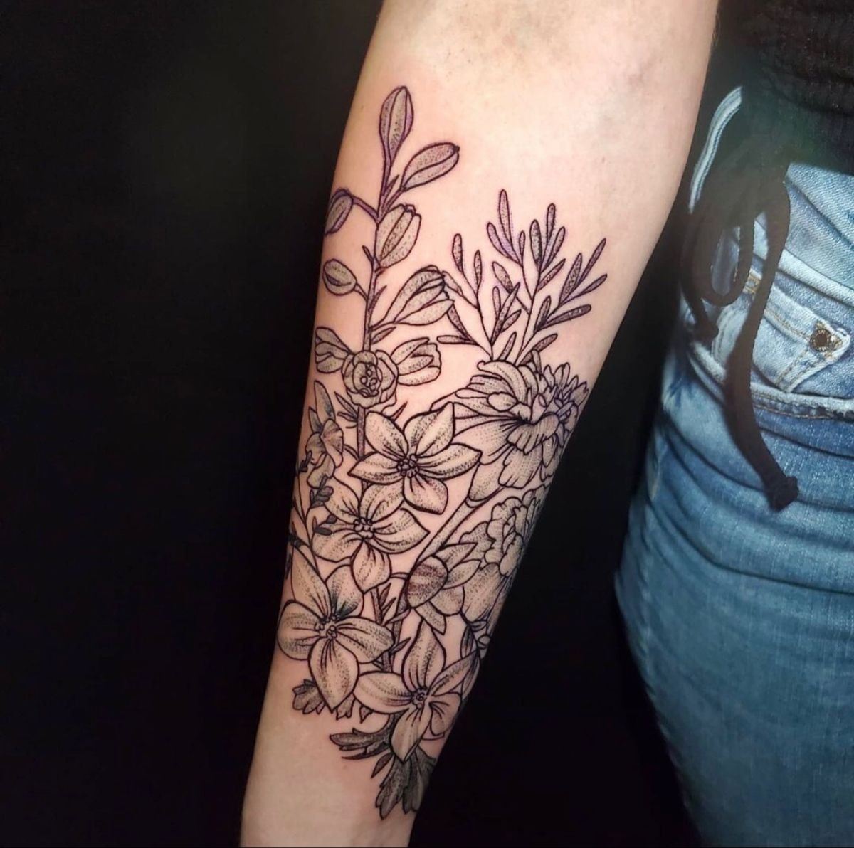 Larkspur bouquet with butterflies and a gemstone twist Tattoo Design