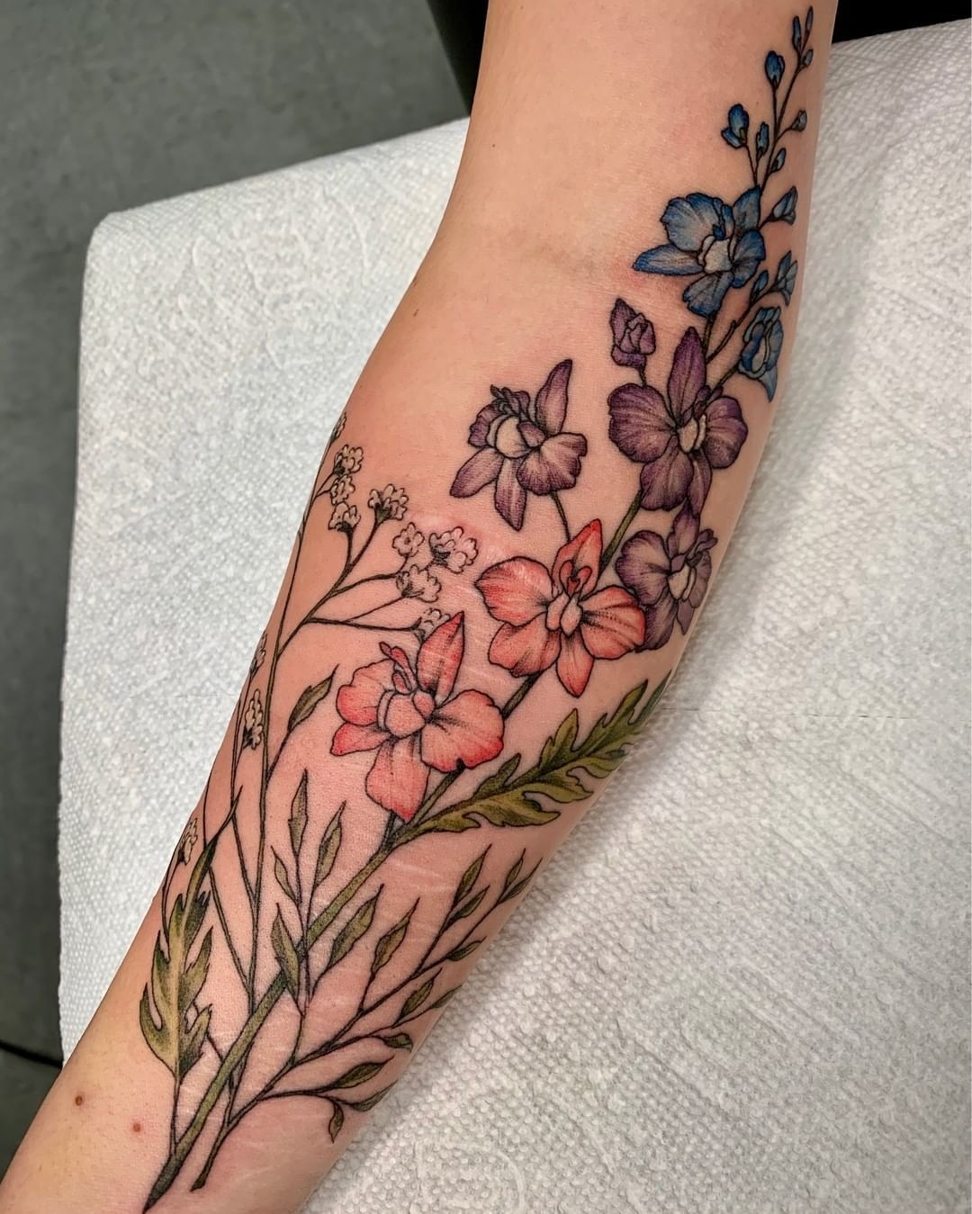 Soft-color meadow mix with larkspur highlights Tattoo Design