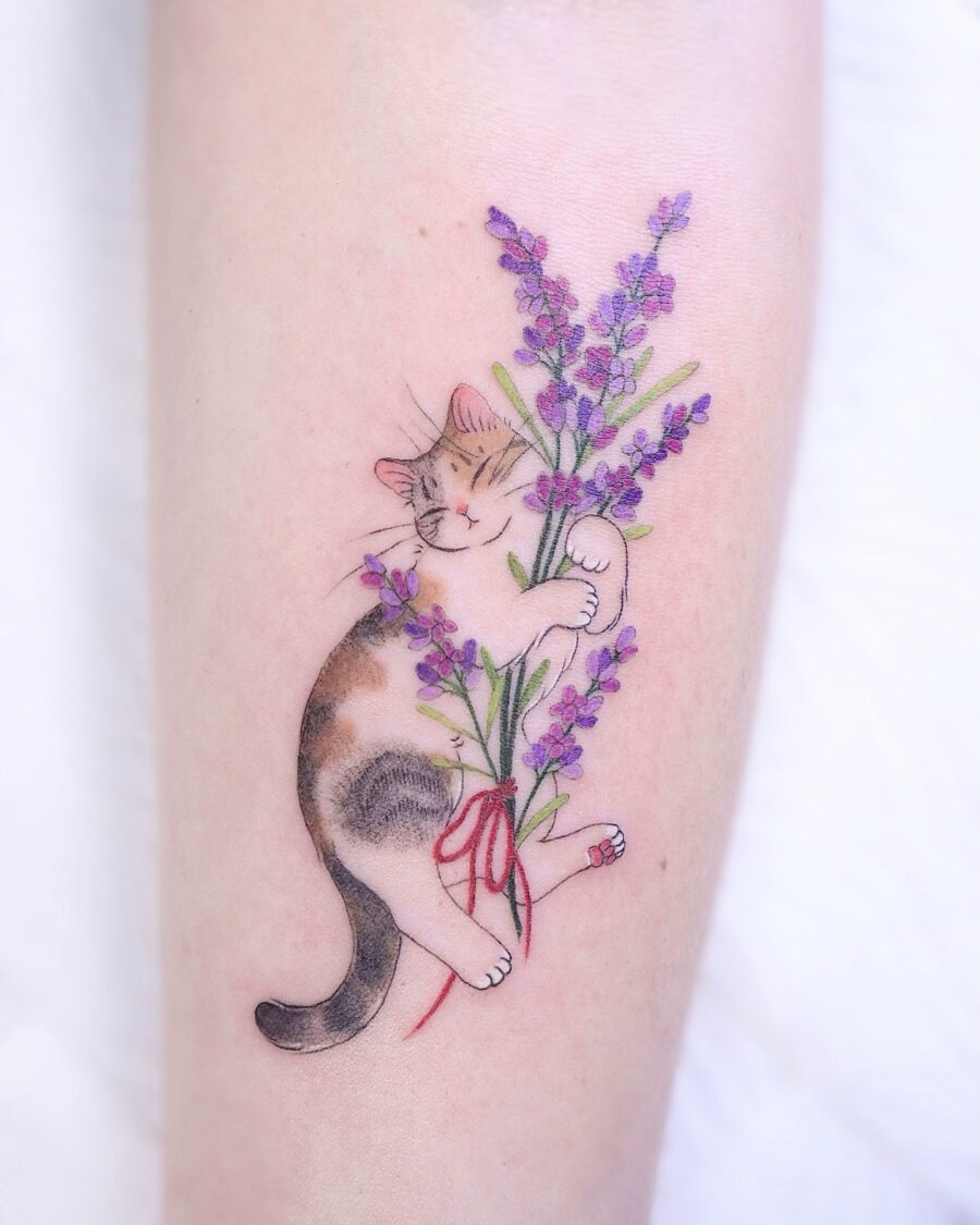 Charming cat embraced by vibrant lavender bouquet Tattoo Design