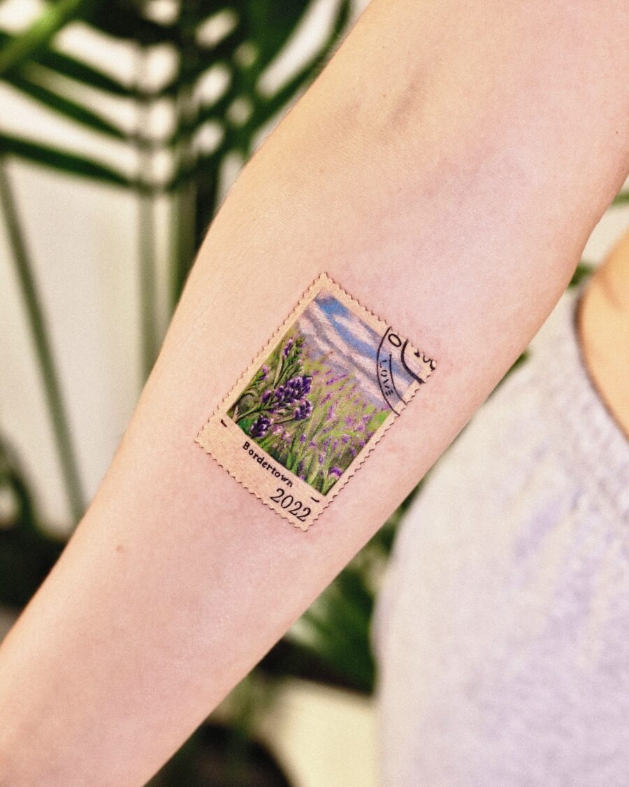 Charming lavender postage stamp tattoo design Tattoo Design