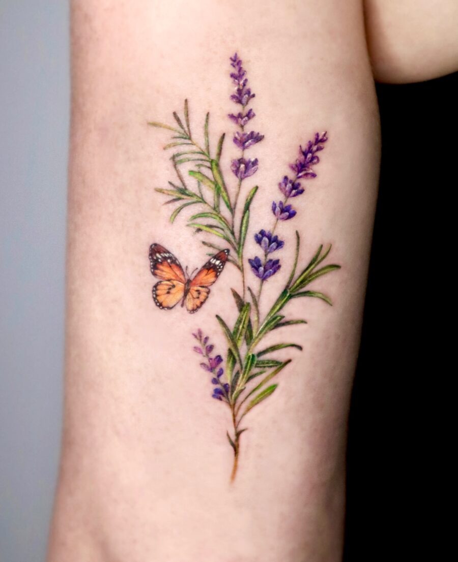 Charming lavender tattoo with butterfly element Tattoo Design
