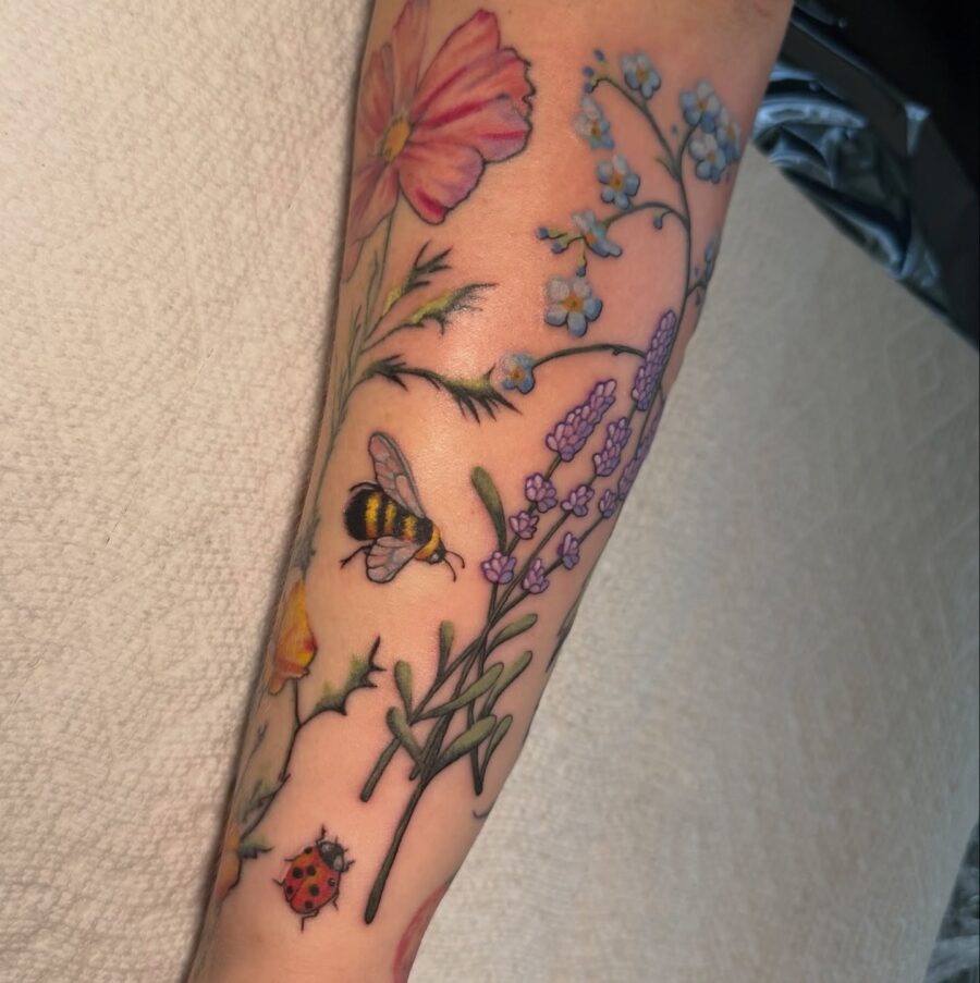 Charming lavender tattoo with nature's elements Tattoo Design
