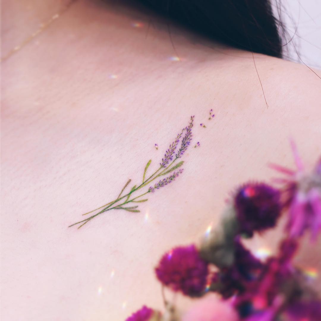 Delicate lavender tattoo on shoulder blossom. Tattoo Design