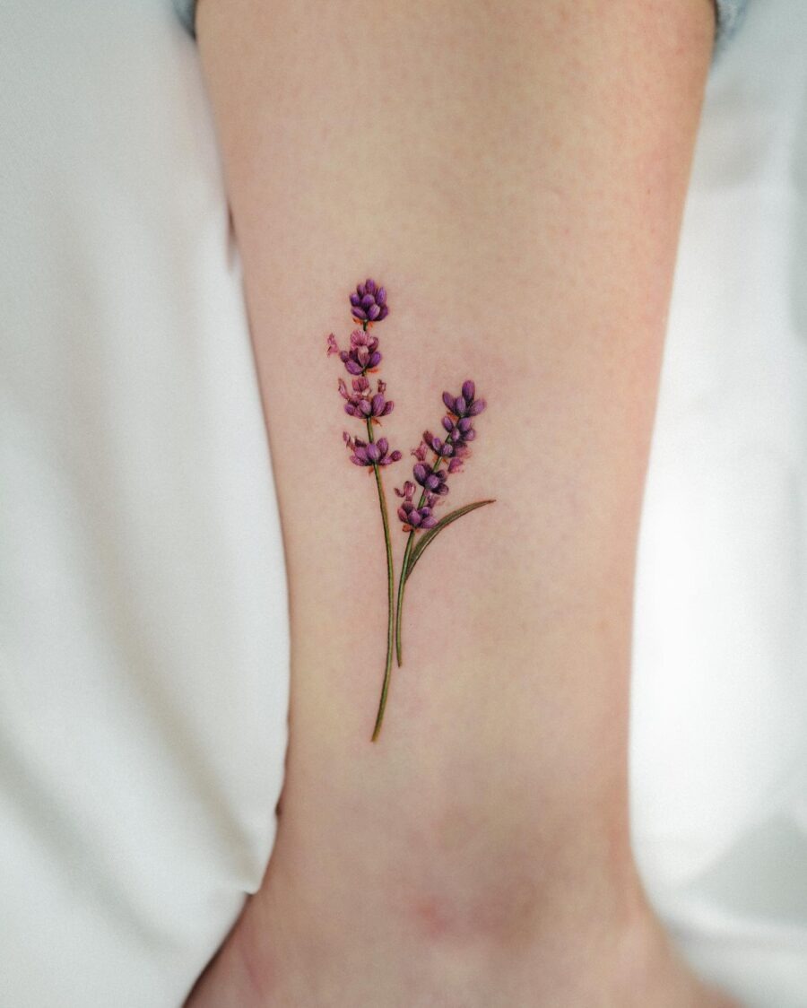 Delicate lavender tattoo on the leg Tattoo Design