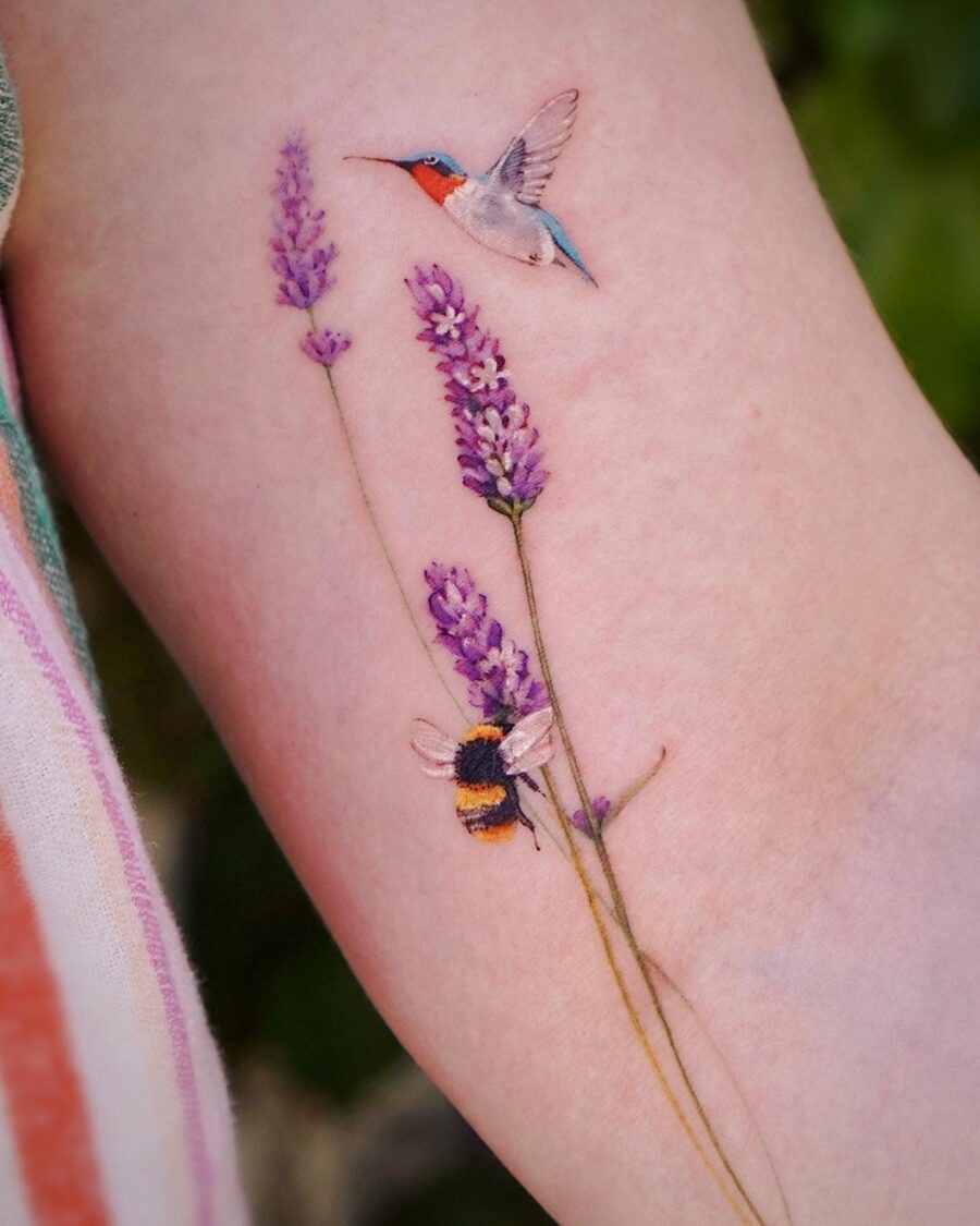 Delicate lavender tattoo with hummingbird and bee Tattoo Design