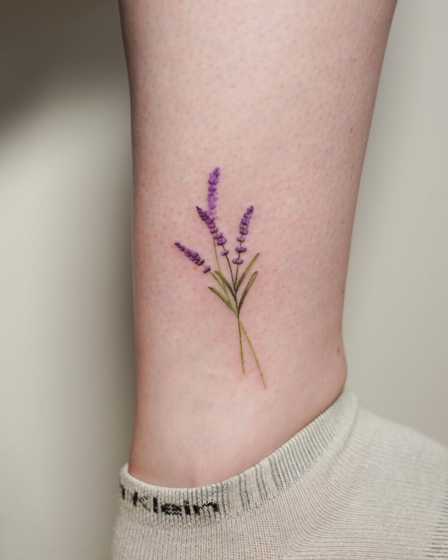 Elegant lavender tattoo on ankle. Tattoo Design