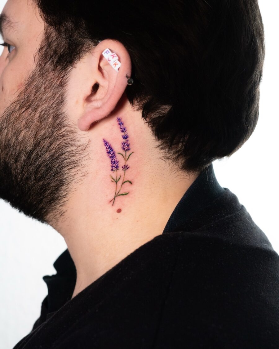Elegant lavender tattoo on the side of the neck Tattoo Design