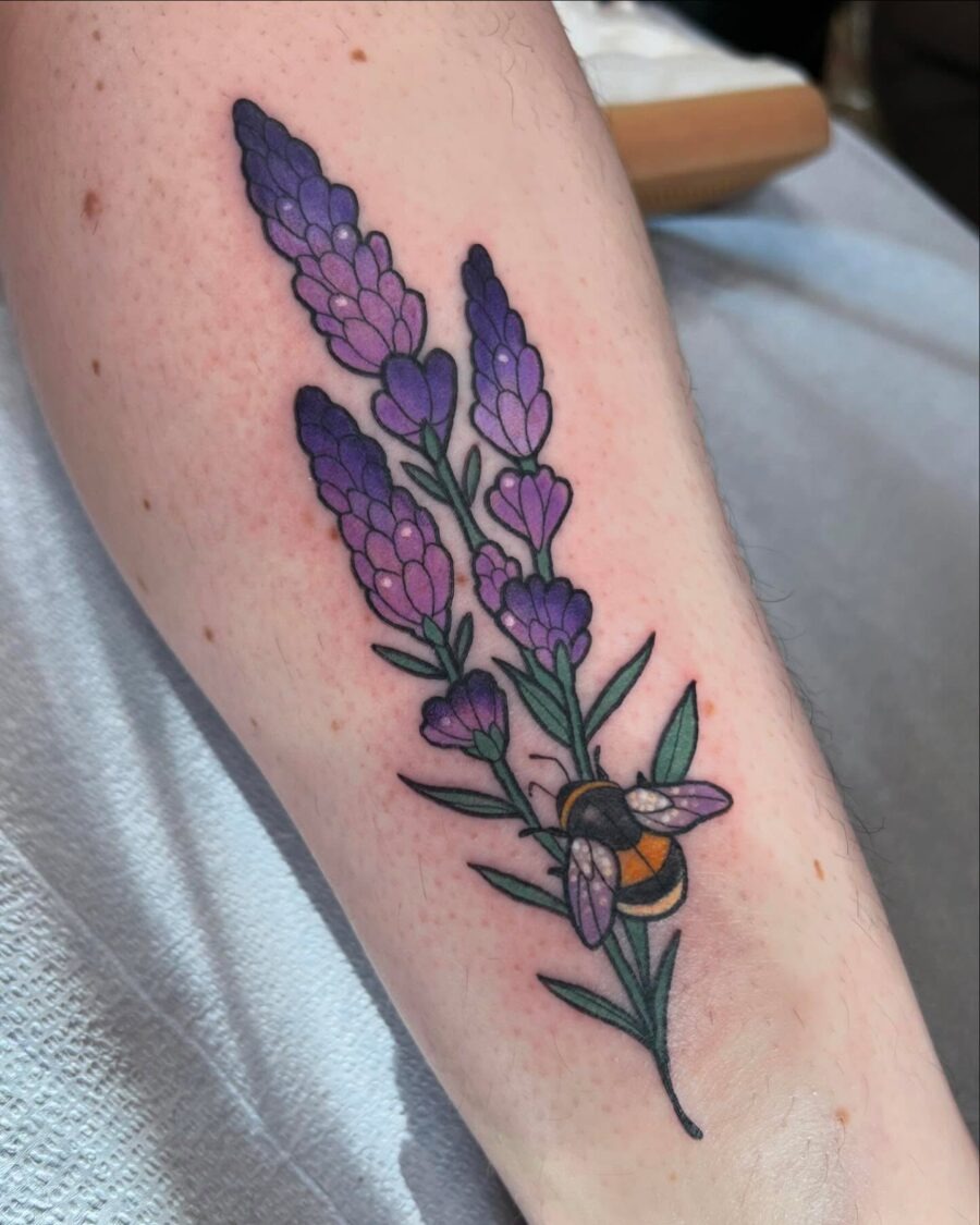 Elegant lavender tattoo with a buzzing bee Tattoo Design