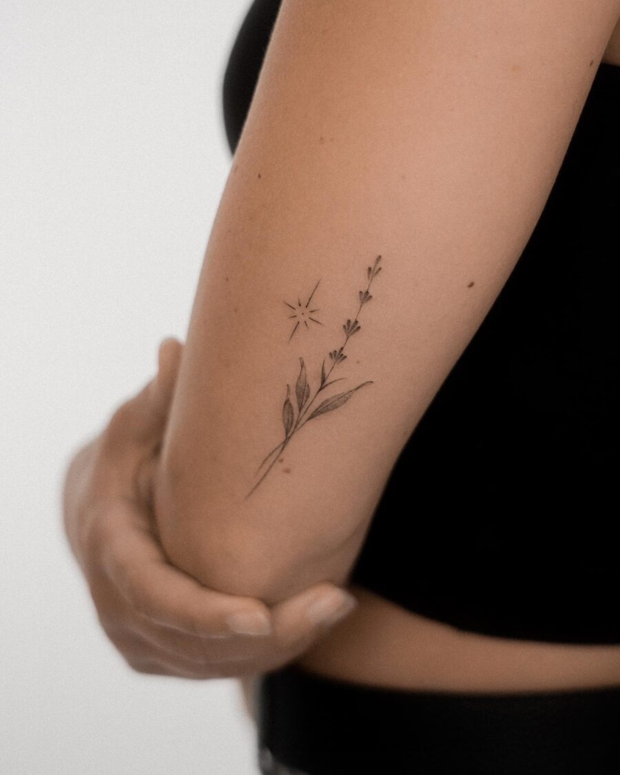 Elegant lavender tattoo with a delicate star. Tattoo Design