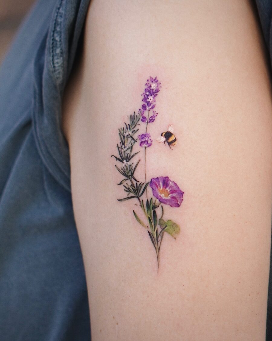Elegant lavender tattoo with bee detail Tattoo Design