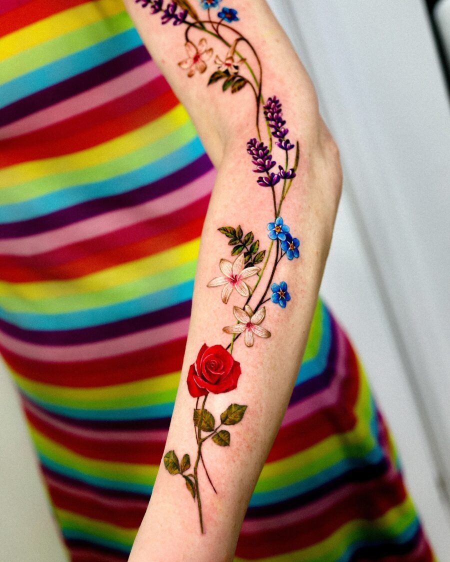 Vibrant lavender flowers intertwined with rose tattoo Tattoo Design
