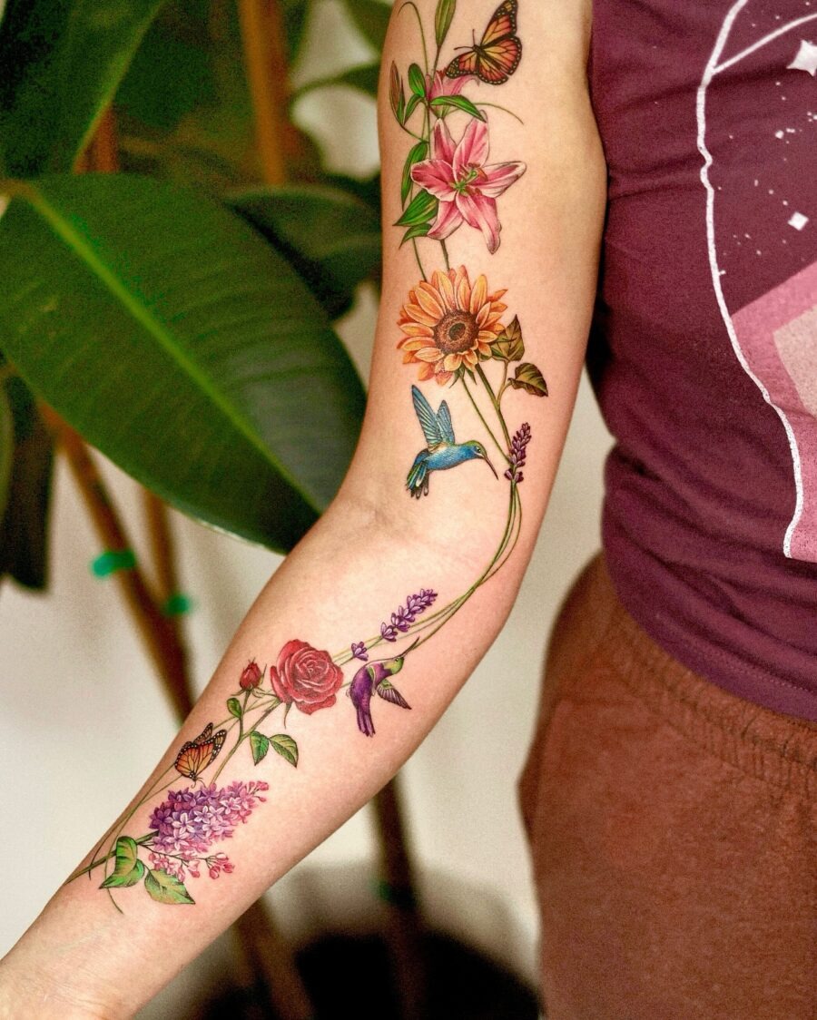 Vibrant lavender tattoo with floral elements Tattoo Design
