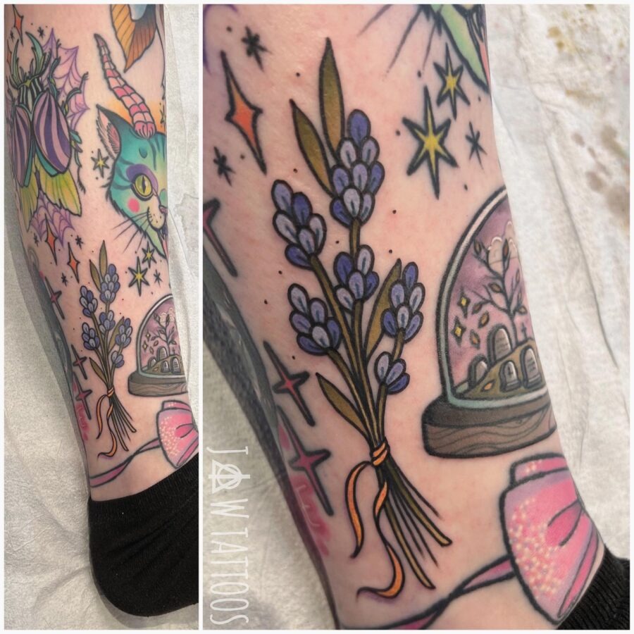 Vibrant lavender tattoo with whimsical elements. Tattoo Design