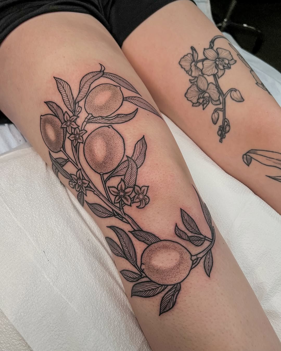Elegant lemon tattoo design with floral elements Tattoo Design