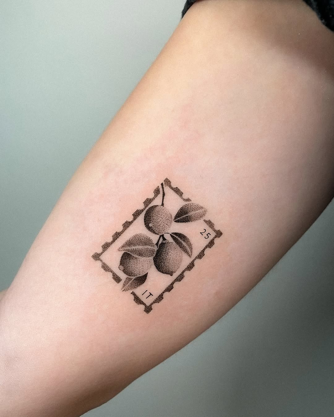 Lemon-themed stamp tattoo for a unique vibe Tattoo Design