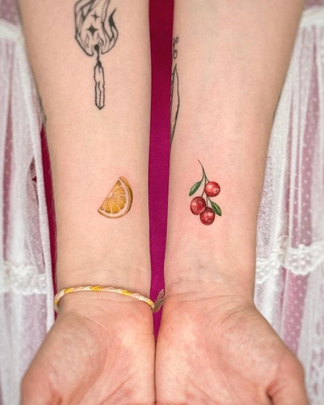 Vibrant Lemon and Cherry Tattoo Pair Tattoo Design