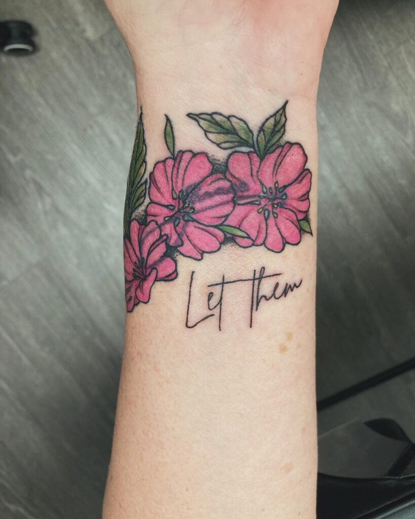 Let Them Tattoo with Bright Pink Flowers and Leaves Tattoo Design
