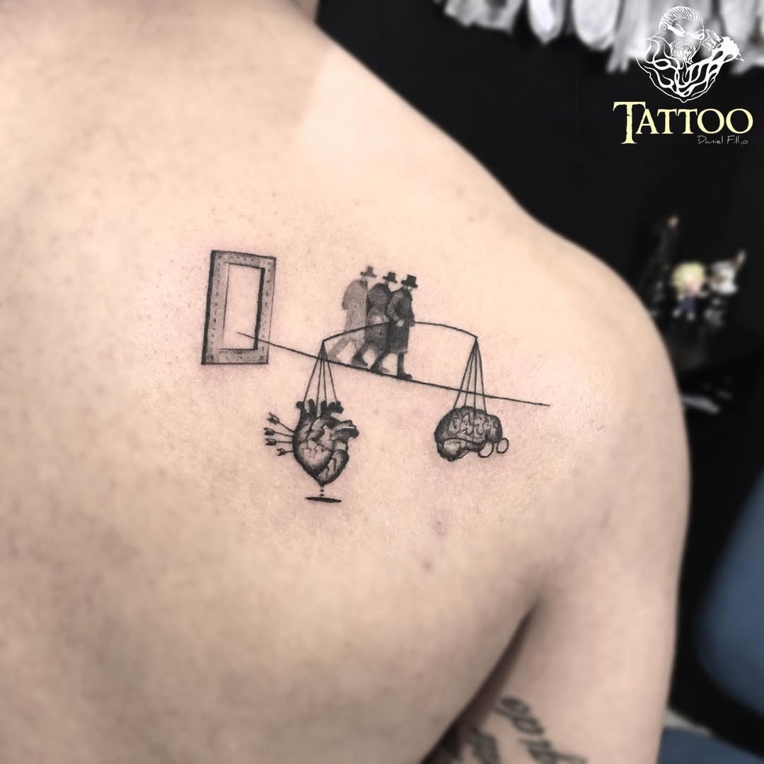 This Libra tattoo creatively balances a heart and brain, symbolizing harmony.